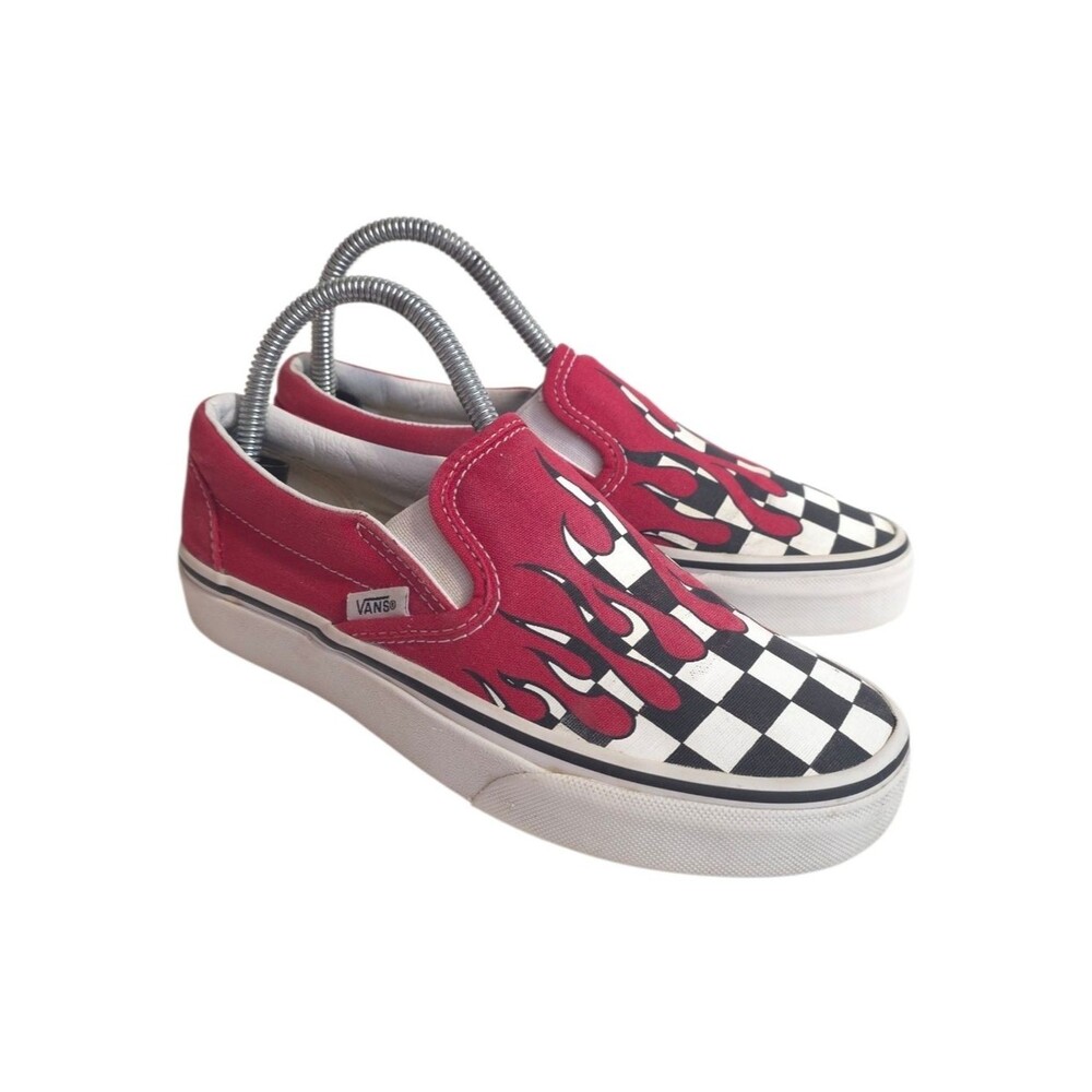 Vans Flame Checkerboard Canvas Slip On Shoes Unisex Women 5.5 Red Black Senakers